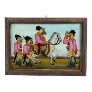 Framed Punakawan Reverse Painting Glass Pink Uniform Military Salute