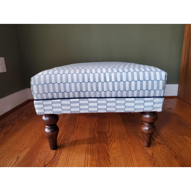 New, Hand-Upholstered English Ottoman in Blue-Grey Woven Fabric (36" X 22" X 15") by French Mattress Studio Frame: Solid...
