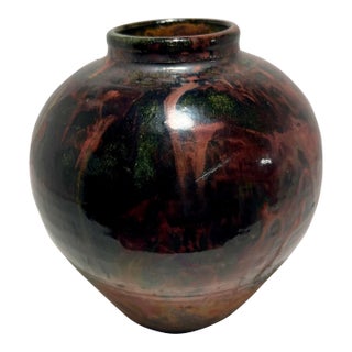 1991 Vintage Studio Art Pottery Drip Copper Glaze Ceramic Vase Signed 5" For Sale