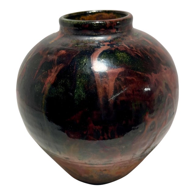 1991 Vintage Studio Art Pottery Drip Copper Glaze Ceramic Vase Signed 5" For Sale