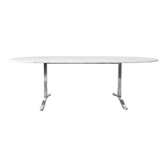 Carrara Marble Dining Table With Stainless Steel Base by Nicos Zographos For Sale