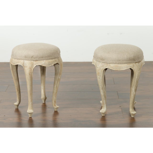 Pair of French Midcentury Walnut Stools with Cabriole Legs and New Upholstery For Sale - Image 4 of 12