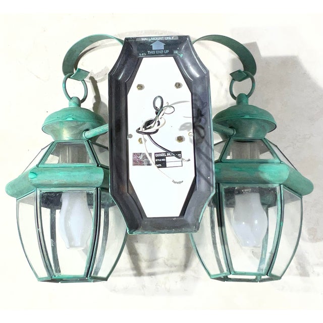 Turquoise Vintage Brass 2-Light Outdoor Wall Lantern -15” W X 12”h X 8”h For Sale - Image 8 of 10