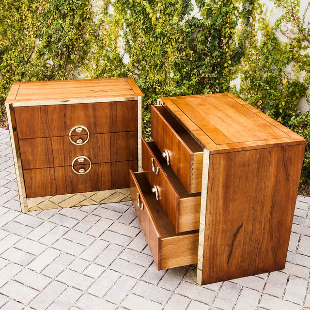 1970s Zebrawood and Brass Three Drawer Commodes by Mastercraft - a Pair For Sale - Image 9 of 12