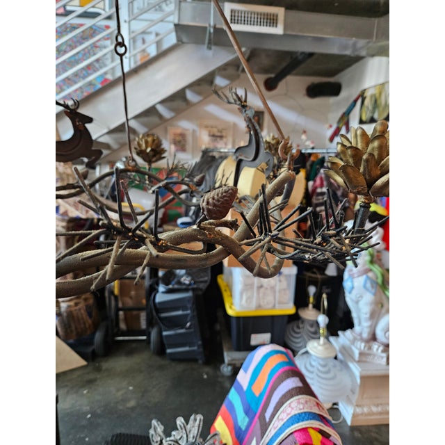 Unusual Vintage Handmade Wrought Iron Stag Leap and Pine Cone Chandelier For Sale - Image 12 of 12