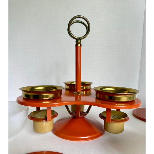Glass Mid-Century Modern Space Age Rotating Condiment Server With Fire-King Milk Glass Bowls For Sale - Image 7 of 11
