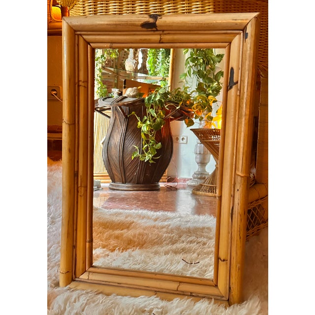 Wood Vintage Spanish Mirror in Natural Bamboo, 1950 For Sale - Image 7 of 9