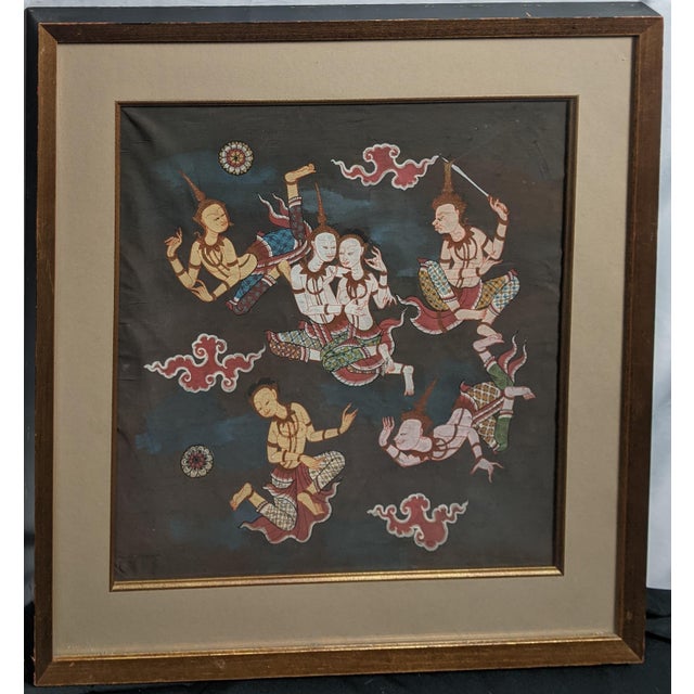 Traditional Late 20th Century Pair of Thai Celestial Figure Paintings on Fabric, Gilt Frames For Sale - Image 3 of 14