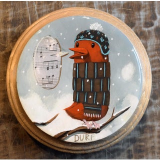 Cardinal Bundled by Nathan Durfee | Mixed Media on Wood Plaque Bird wearing a hat and scarf with music notes. For Sale
