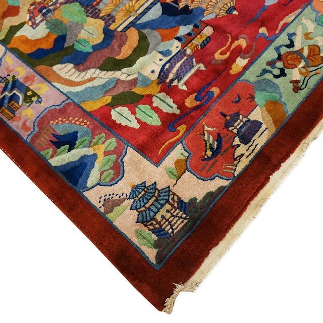 1920s Red Landscape Scene Antique Chinese Art Deco Rug 9'x11' 9" Nichols Workshop Carpet For Sale - Image 10 of 12