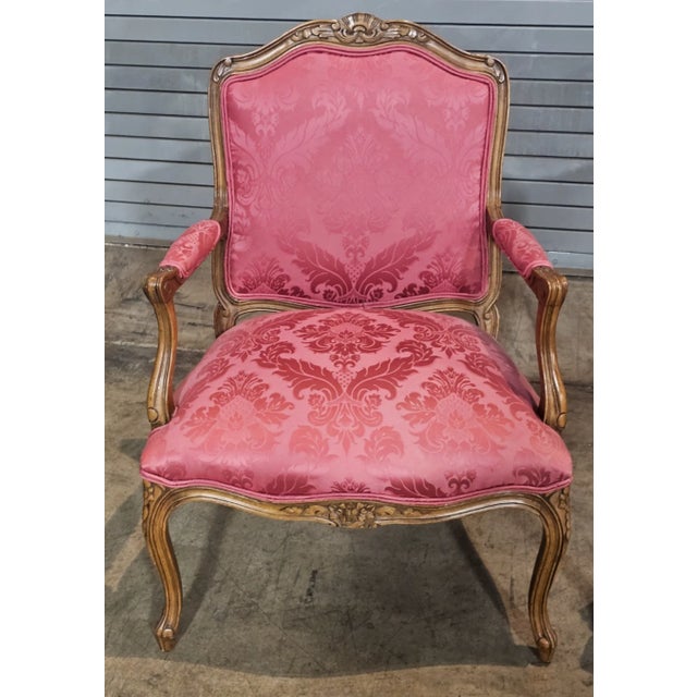 Late 20th Century Pair of Late 20th Century Provincial French Country Walnut Carved Arm Chairs Rose Silk Damask Fabric For Sale - Image 5 of 13