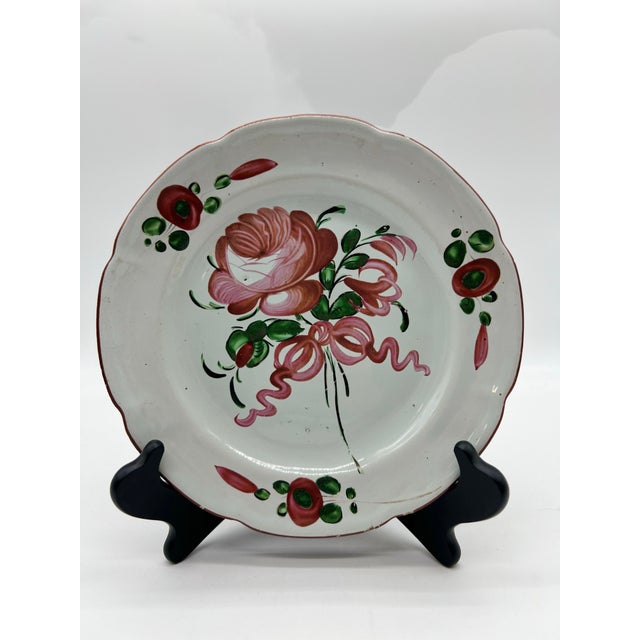 Antique 19th Century French Faience Floral Tin Glazed Earthenware Plate France, circa 1800-1825 red/green floral...