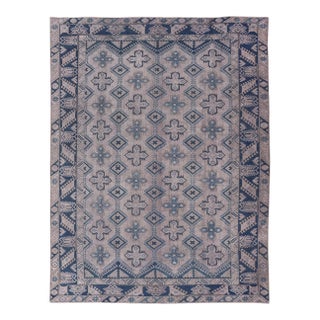 Mid 20th Century Vintage Turkish Oushak Rug in Blue With All-Over Geometric Design in Gray & Blue For Sale