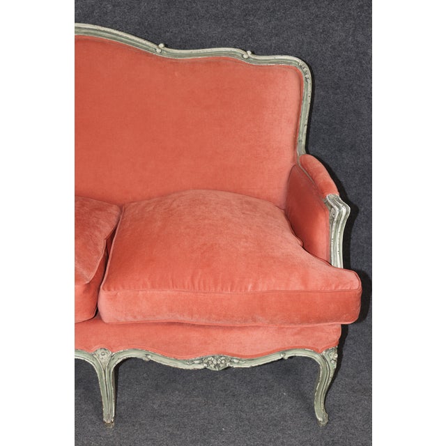 Wood Antique French Louis XV Style Distressed Paint Decorated and Carved Sofa For Sale - Image 7 of 13