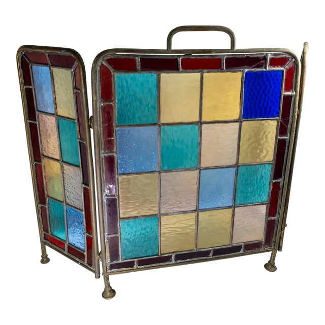 Early 20th Century American Arts & Crafts Colorful Stained Glass Fireplace Screen For Sale