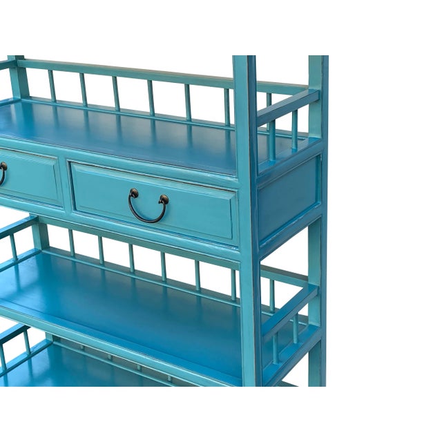 2010s Turquoise Fountain Blue 5 Shelves 2 Drawers Bookcase Display Cabinet For Sale - Image 5 of 7