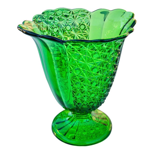 Vintage Hand-Cut Textured Green Vase For Sale
