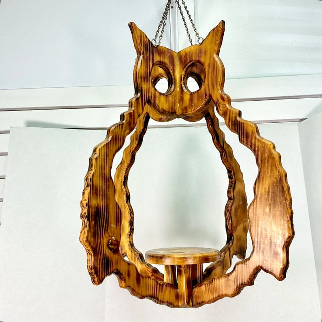 1970s Vintage Boho Chic Folk Art Burnt Pine Owl Hanging Planter. For Sale - Image 10 of 12