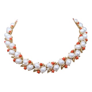 Vintage 1959 Signed Crown Trifari Faux-Pearl & Faux-Coral Collar Necklace For Sale