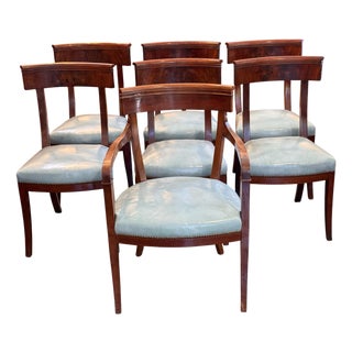 19th Century Set of Seven Klismos Chairs With Blue Leather Seats For Sale