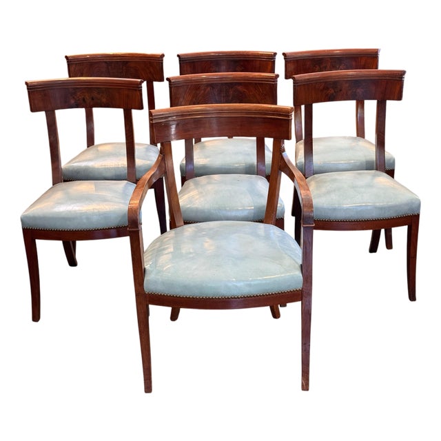 19th Century Set of Seven Klismos Chairs With Blue Leather Seats For Sale