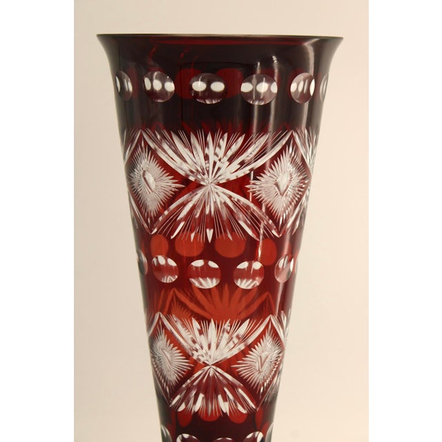 Vintage Large Bohemian Czech Ruby Cut to Clear Glass Vase, 15.75", Hand Blown - see polished pontil. Mid 20th Century. 15...