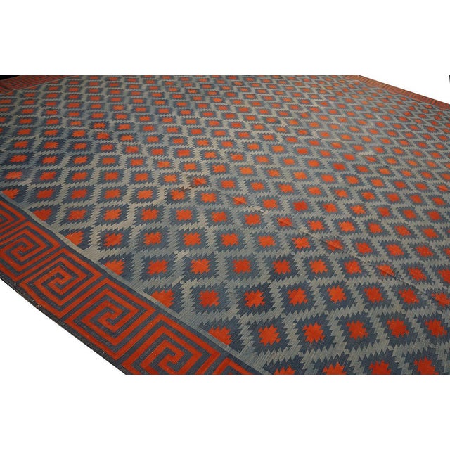 Astonishing Wave Fret Border With Red Diamond Design Square Indian Cotton Dhurrie Rug For Sale In New York - Image 6 of 6