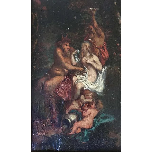 Beautiful oil on panel from the Italian school of the 18th century representing a faun trying to seduce a half-naked...