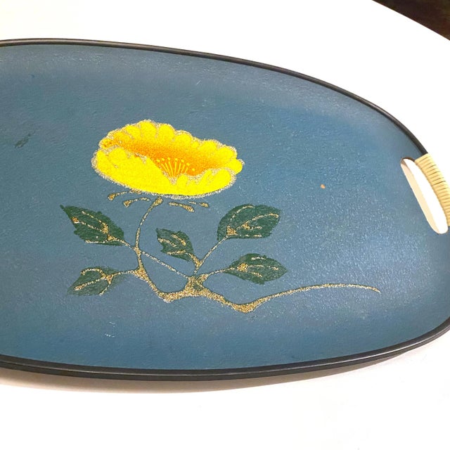 Vintage Mid-Century Turquoise Fiberboard Large Oval Serving Tray For Sale - Image 4 of 8