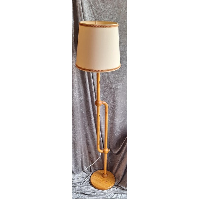 Vintage Swedish Adjustable Floor Lamp with Pine Wood Base and Fabric Shade, 1970s For Sale - Image 4 of 8