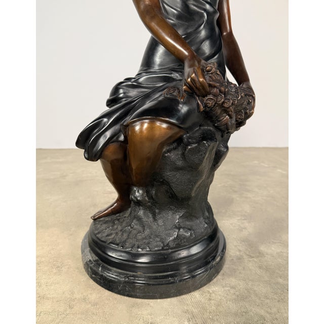 Large Classical Bronze Sculpture of Seated Woman With Flowers - 32” H For Sale - Image 4 of 11