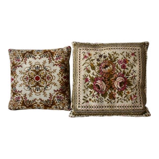 1960s Vintage Botanical Pattern Needlepoint Square Pillows- a Pair For Sale