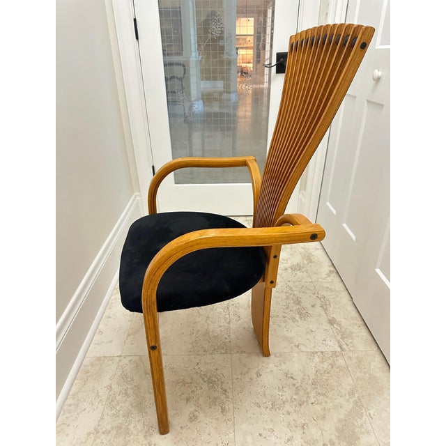 1990s Postmodern Sculptural Fan-Back Wood Armchair With Black Velvet Seat For Sale - Image 4 of 5