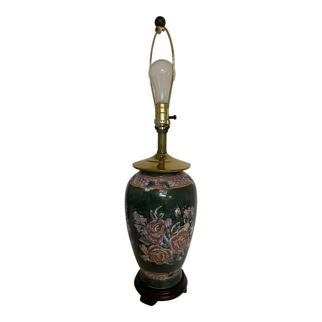 Vintage Chinoiserie Floral Green Table Lamp For Sale