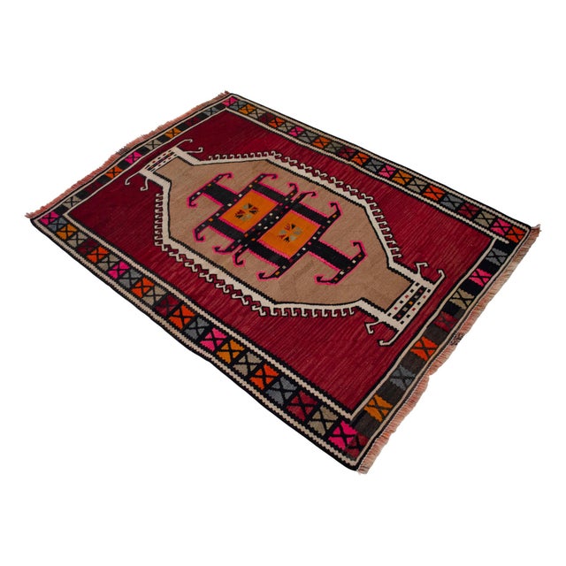 Ruby Red Authentic Kars Kilim Rug, Red and Earth Tone Turkish Rug, Small Living Room Kilim, Rare Personal Village Weave, 1970s Anatolian Rug 4x5 Ft Approx For Sale - Image 8 of 16