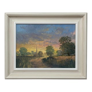 Sunrise at Village by River in the English Countryside with Church Spire & Birds 1985 Circa For Sale