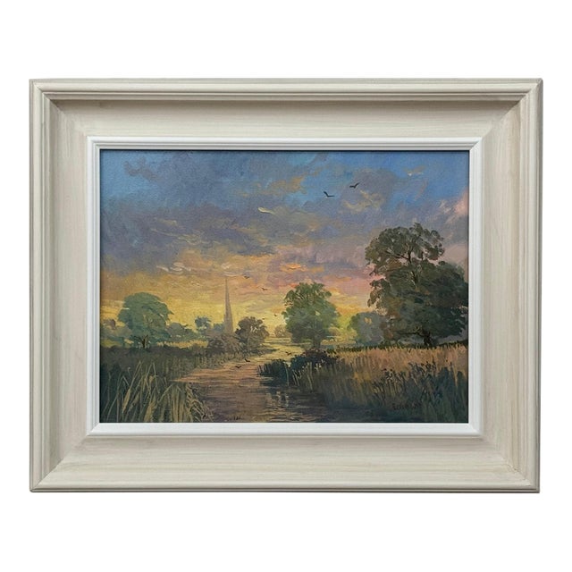 Sunrise at Village by River in the English Countryside with Church Spire & Birds 1985 Circa For Sale