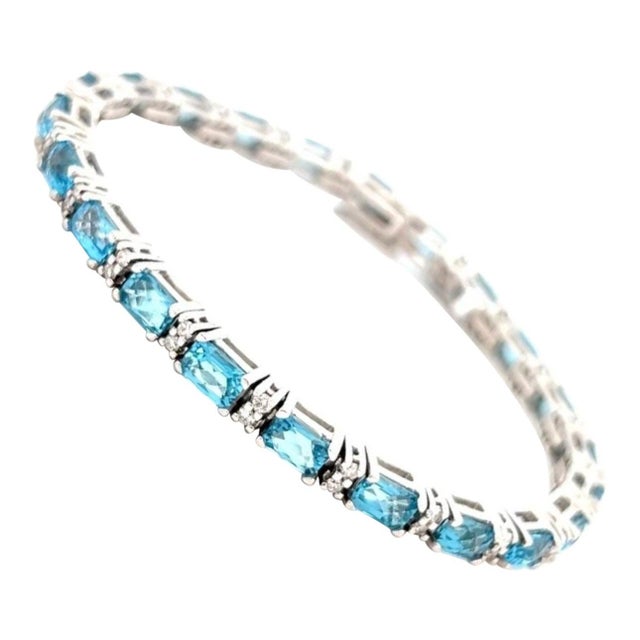 Classic Emerald-Cut Swiss Blue Topaz Bracelet with Diamonds, 14 Kt Yellow Gold For Sale - Image 15 of 18