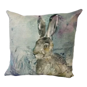 16" Square Decorative Toss Pillow Embellished With the Portrait of an Inquisitive Rabbit /Hare Hiding in the Grass - Made in the U K