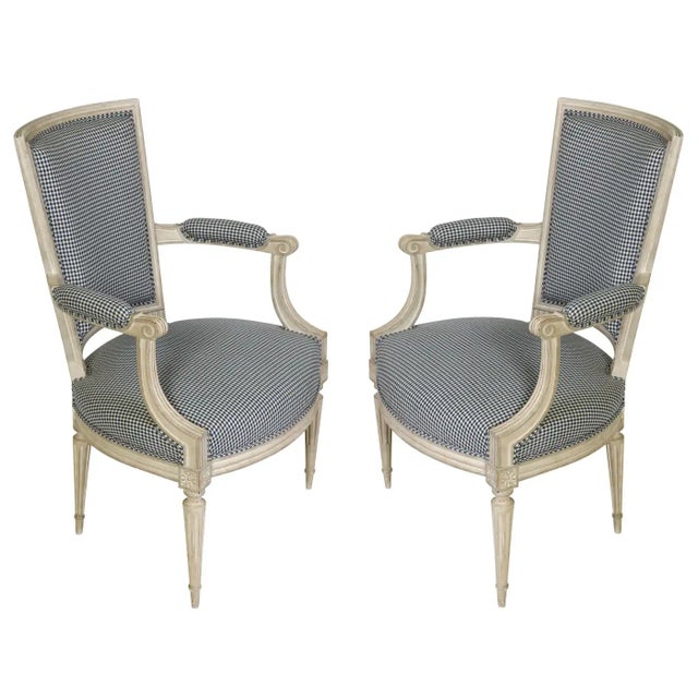 French Pair of Painted Louis XVI Style Armchairs in Blue and White Gingham For Sale - Image 3 of 5