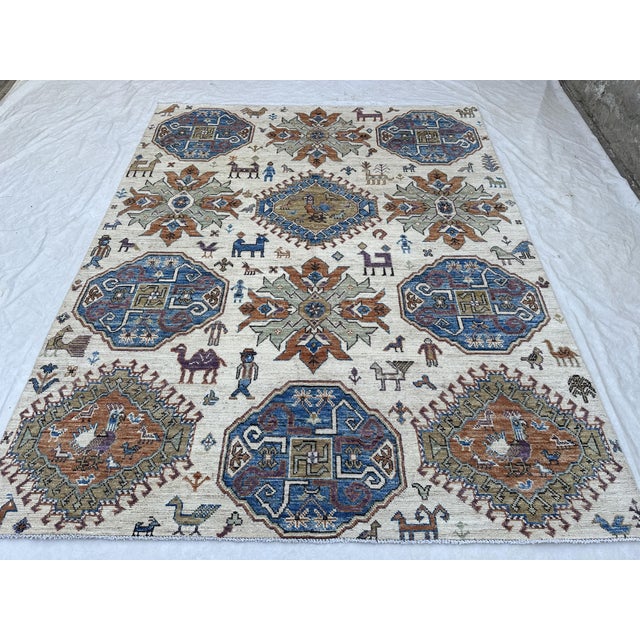Textile 8x9.11 Kazak Design Carpet With Animals, Ivory For Sale - Image 7 of 12