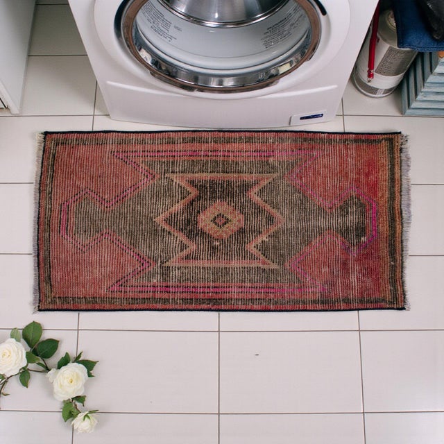 Farmhouse Distressed Low Pile Rug Kurdish Yastik Small Rug Faded Colors Mat Entry Decor - 19'' X 38'' For Sale - Image 3 of 14