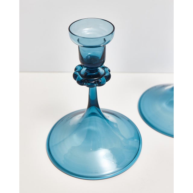 Glass Mid Century Blue Glass Orrefors Swedish Candlestick Pair For Sale - Image 7 of 15