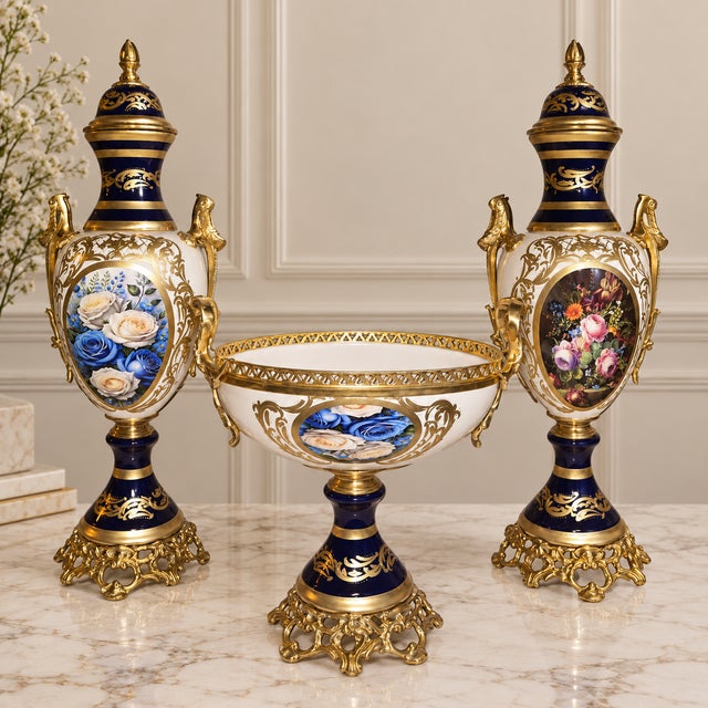 Elegant three-piece French-style porcelain garniture set featuring two matching covered vases and a coordinating central...