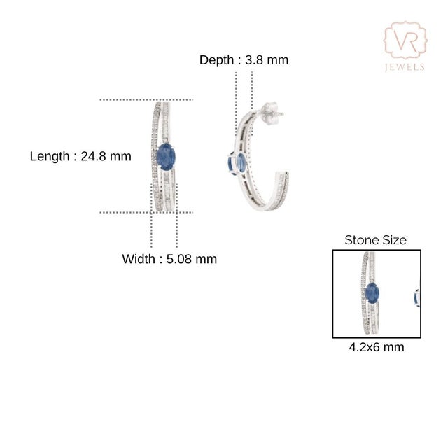 14k Gold 1.23ct Oval Cut Blue Sapphire & Diamond C- Hoop Earrings- A Pair For Sale - Image 11 of 14