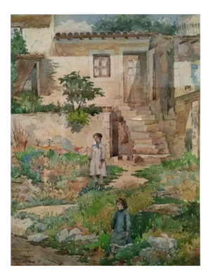 J. Ambrose Prichard (1858-1905) American Artist ”Children in the Yard, Paris 1883″ Painting