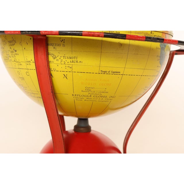 1940s Vintage Replogle Yellow and Red Tin Litho "Globe Grams' Spinning World Globe For Sale - Image 5 of 18