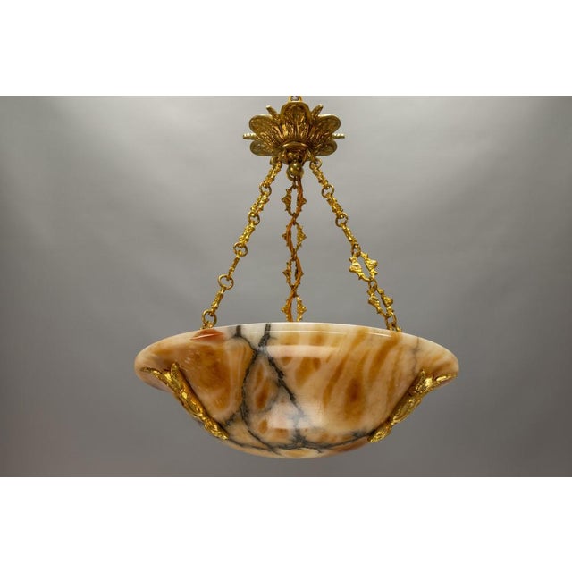 French Neoclassical Style Amber Alabaster and Bronze Pendant Light, 1920s For Sale - Image 11 of 18