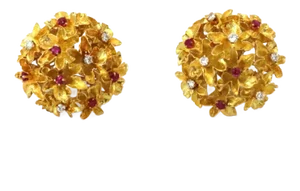 18k & 14k Gold Ruby & Diamond 3d Cluster Flower Post Clip Earrings - 2 Pieces