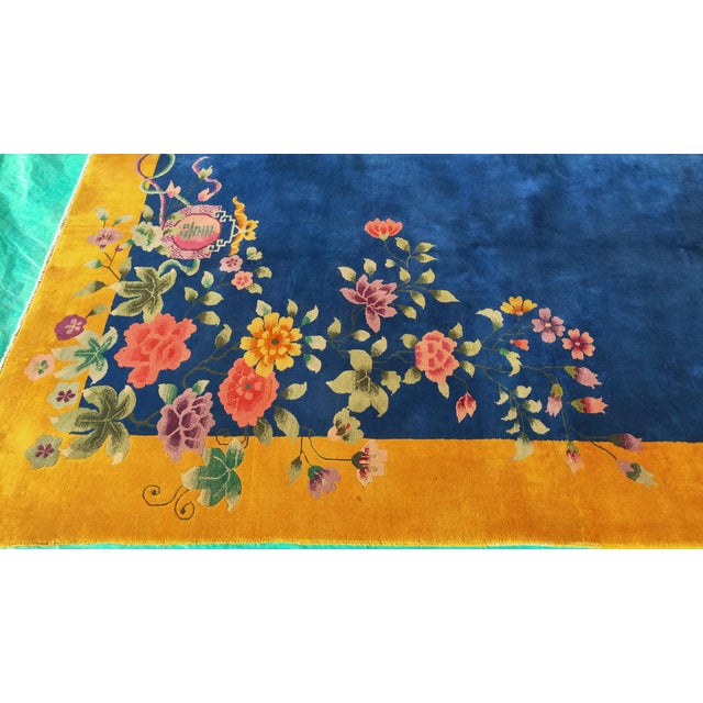 Art Deco 1920s Royal Blue Floral Antique Chinese Art Deco Rug 8'9" X 11'4" Handknotted Wool Carpet For Sale - Image 3 of 6